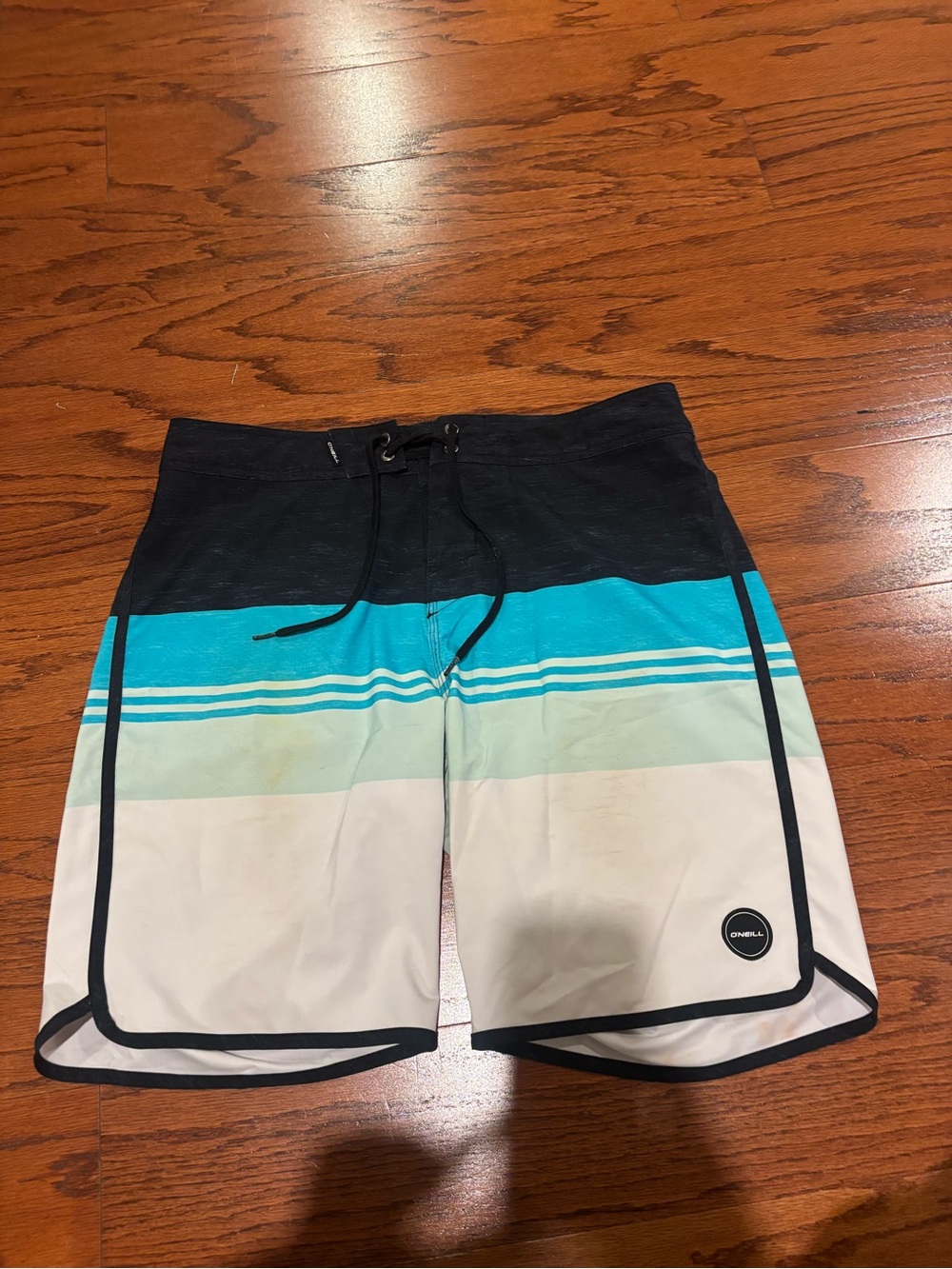 O'Neill Black, Turquoise & White Stripe Board Shorts, hybrid